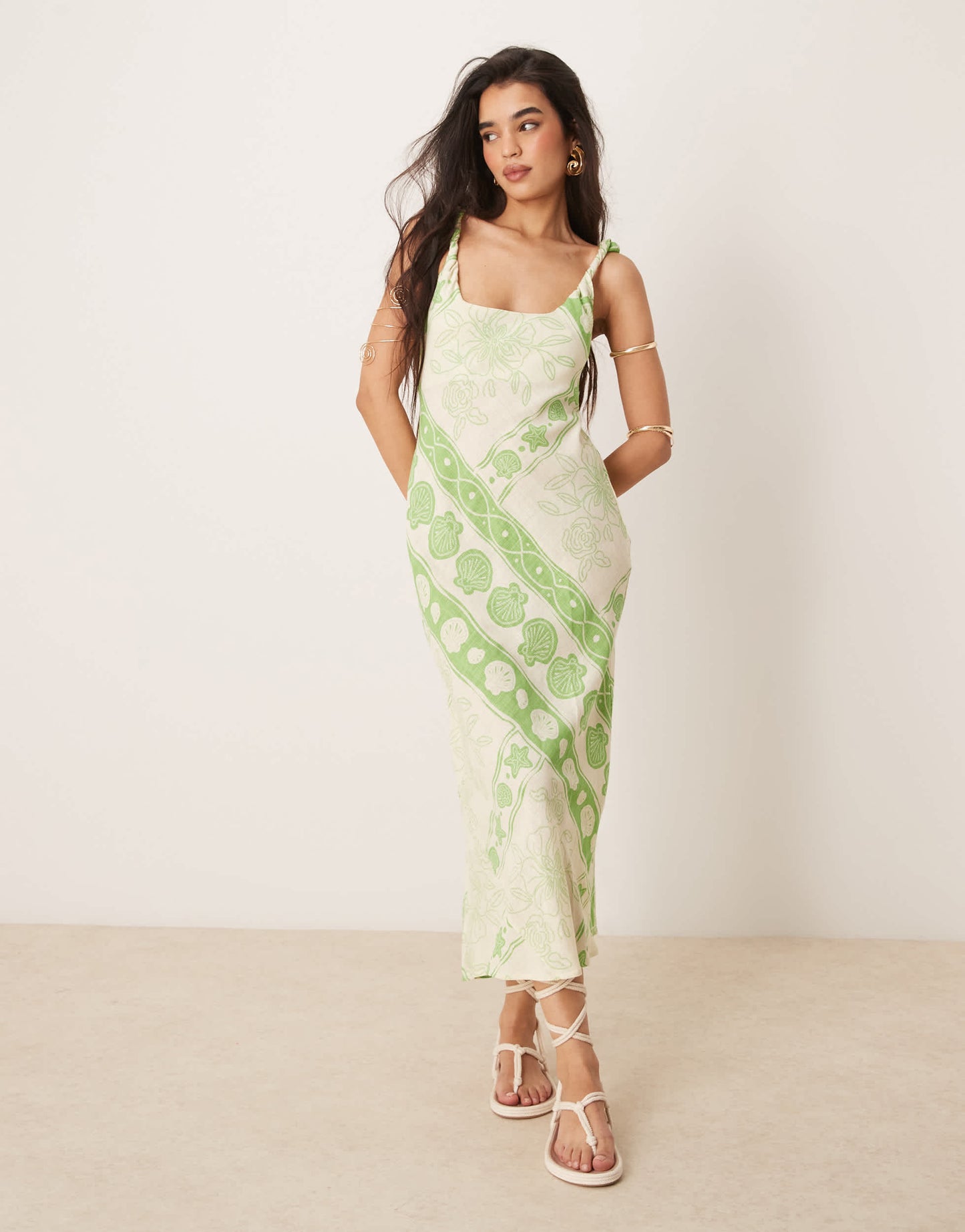 ASOS DESIGN linen look twist strap bias maxi sundress in tile print