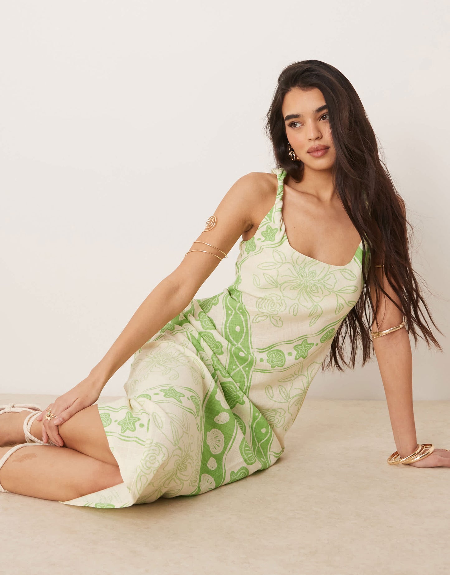 ASOS DESIGN linen look twist strap bias maxi sundress in tile print