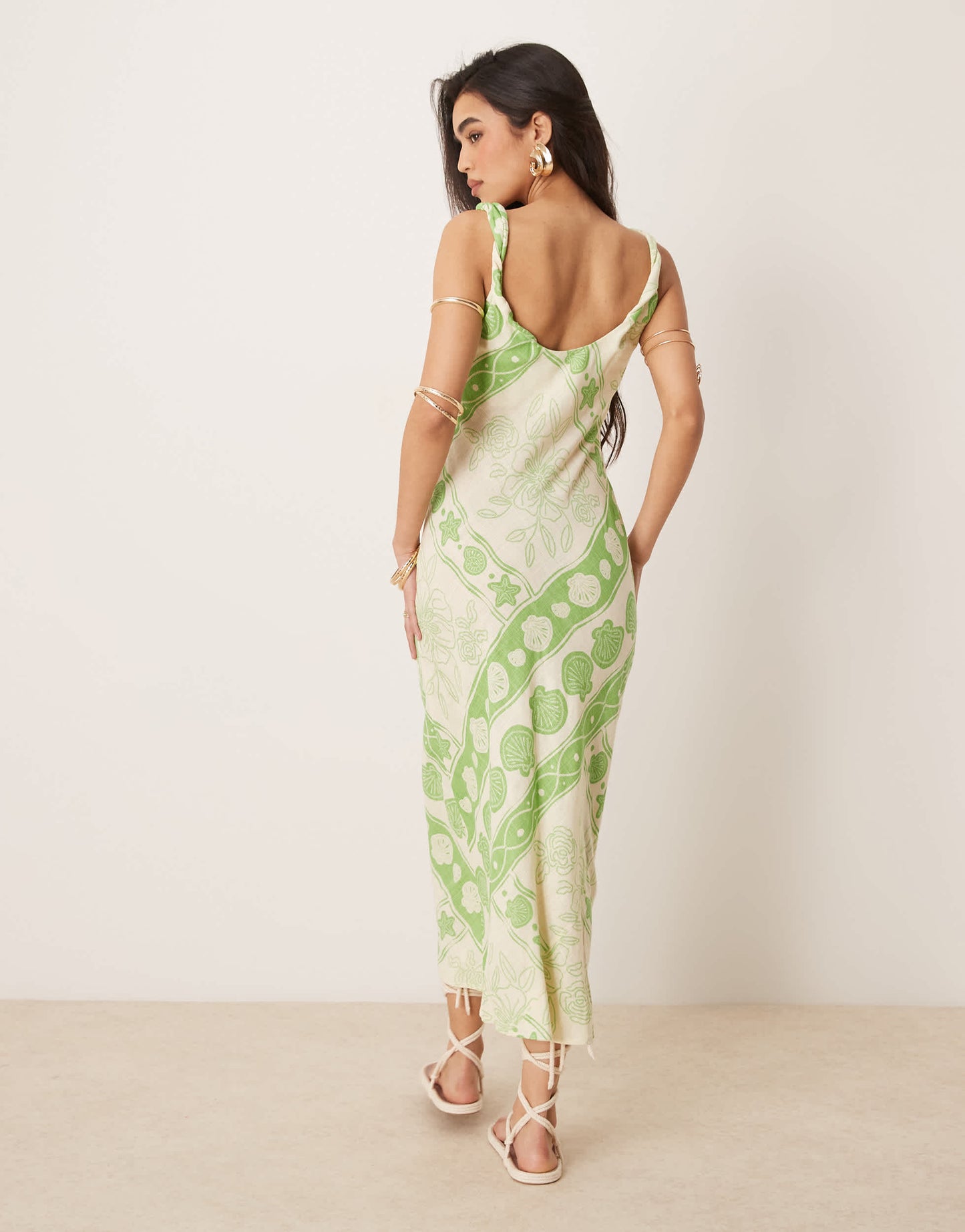 ASOS DESIGN linen look twist strap bias maxi sundress in tile print