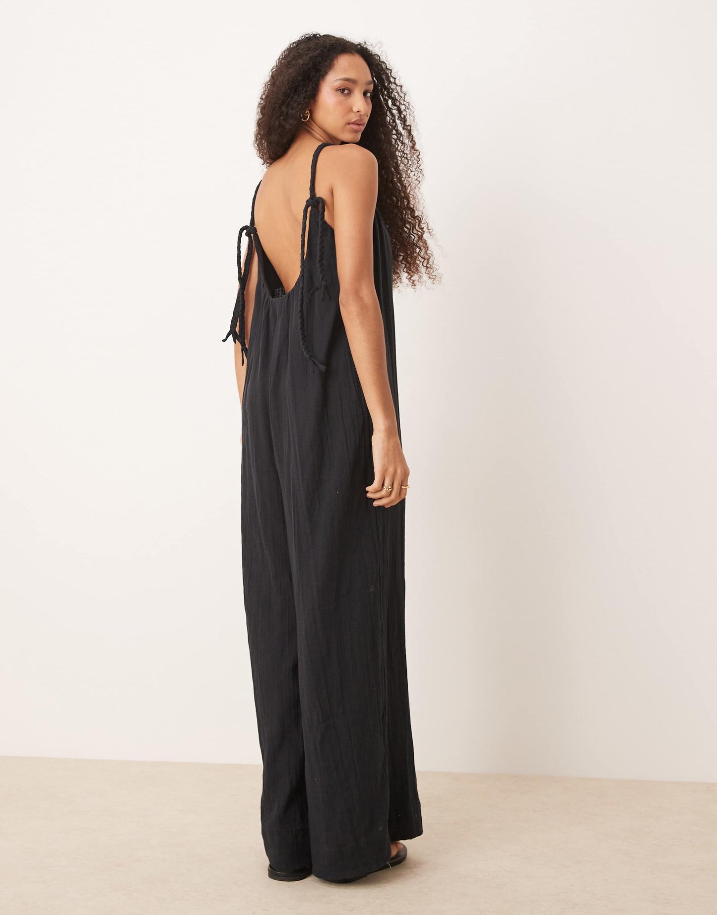 ASOS DESIGN double cloth plait tie detail scoop neck jumpsuit in black