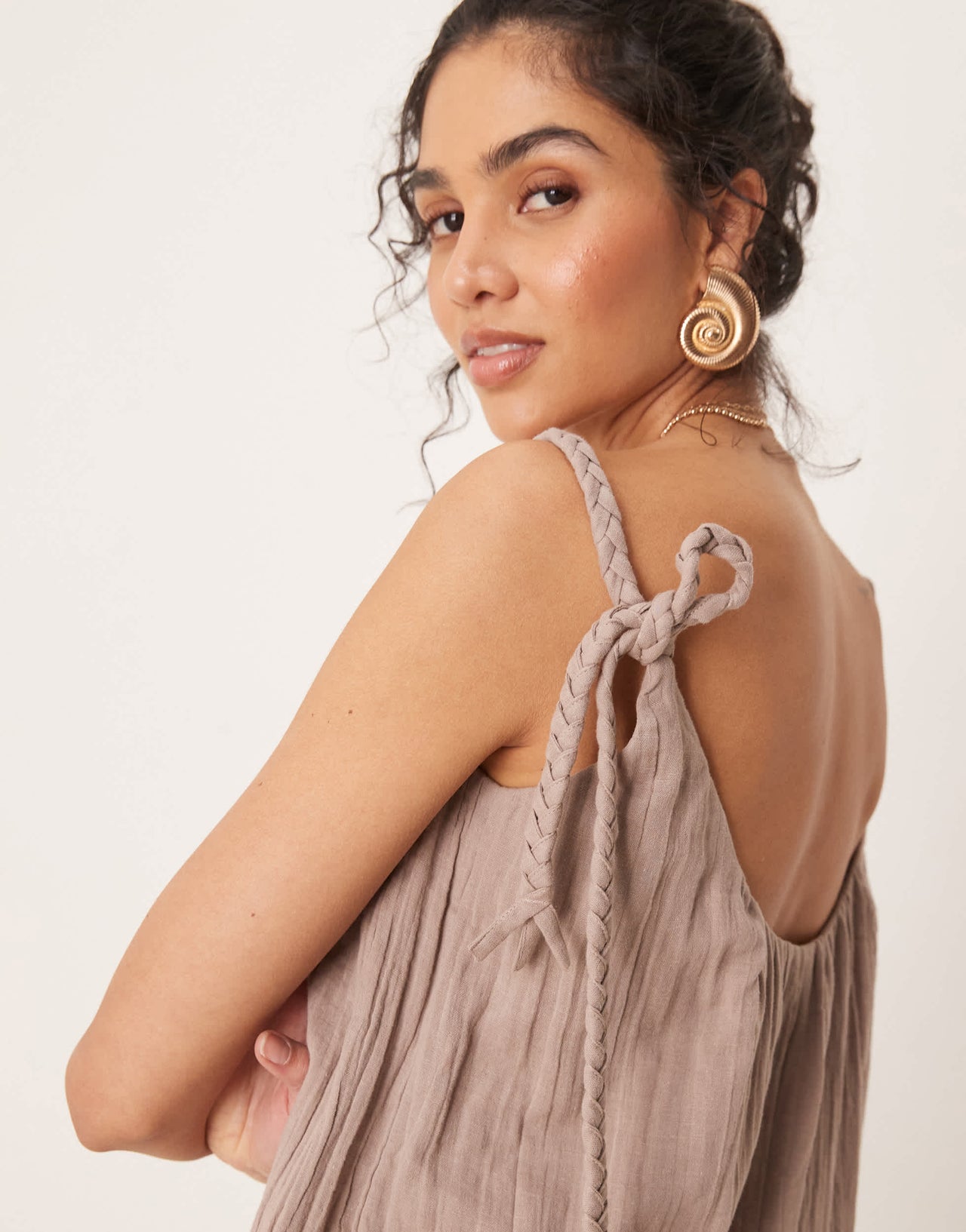 ASOS DESIGN double cloth plait tie detail scoop neck jumpsuit in taupe