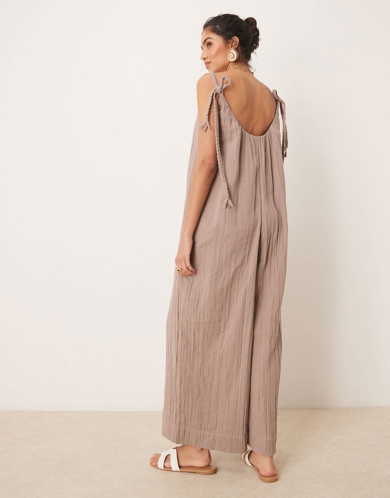ASOS DESIGN double cloth plait tie detail scoop neck jumpsuit in taupe