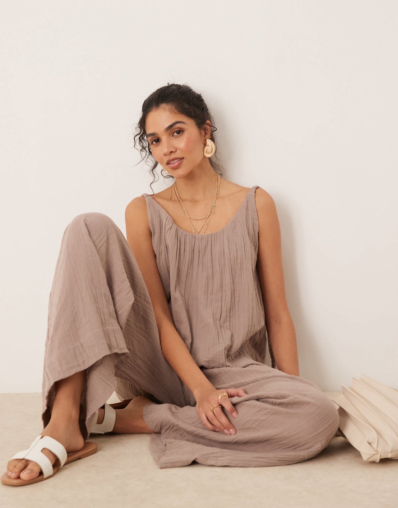 ASOS DESIGN double cloth plait tie detail scoop neck jumpsuit in taupe