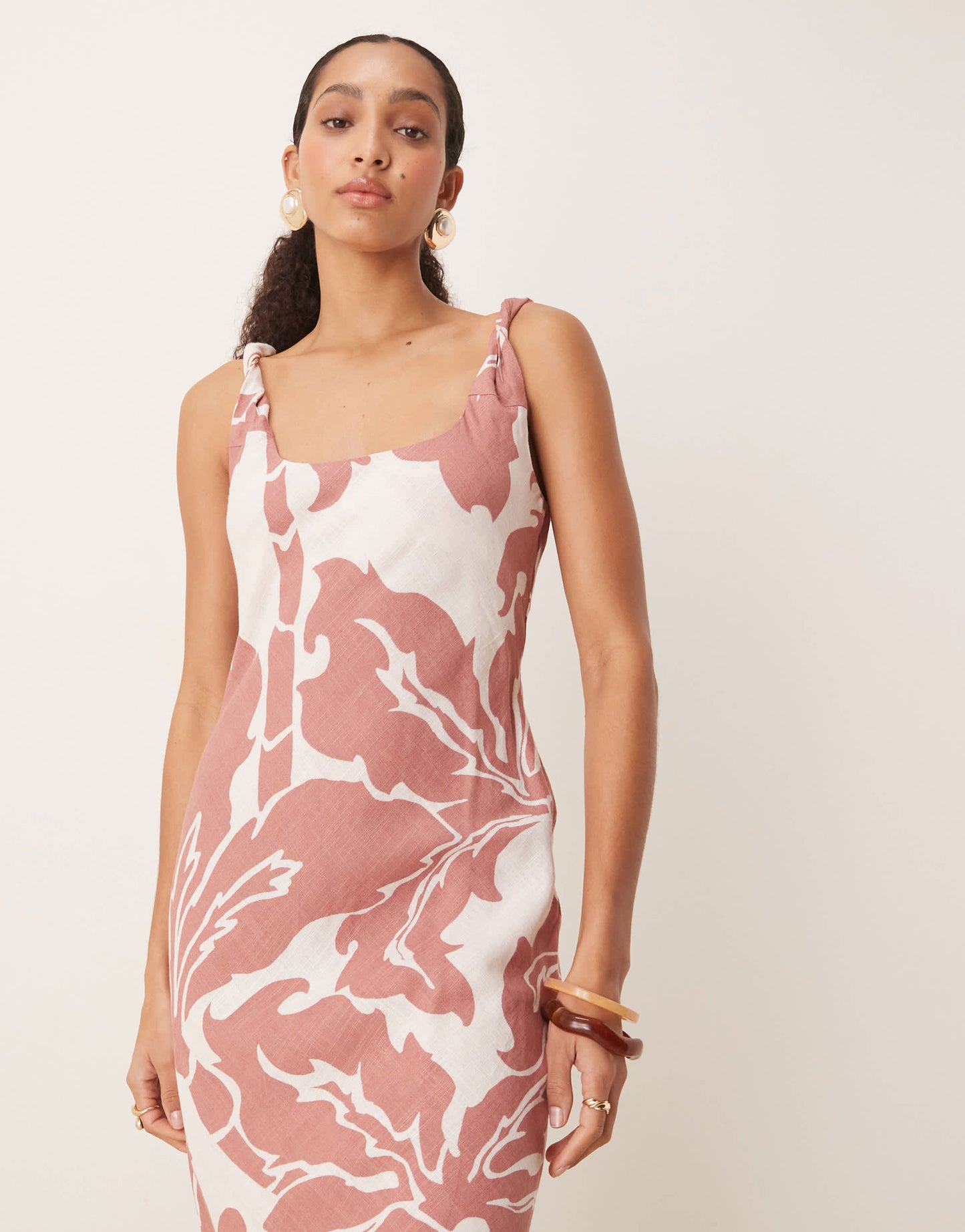 ASOS DESIGN linen look twist strap bias midi dress in blown out palm print