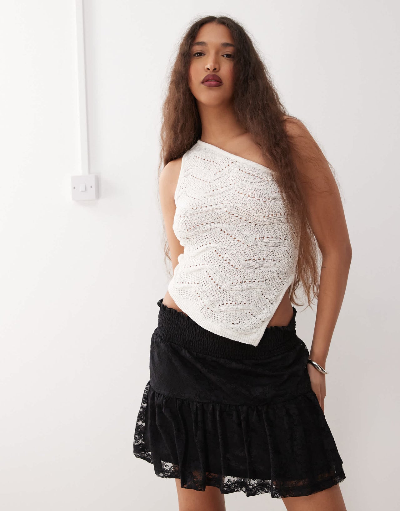 Noisy May tiered lace mini skirt in black