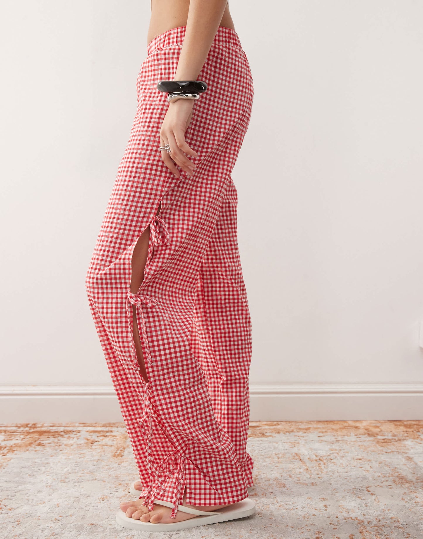 Noisy May wide leg side tie detail trousers in red gingham