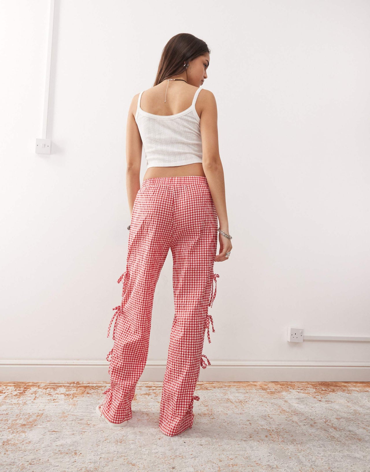 Noisy May wide leg side tie detail trousers in red gingham