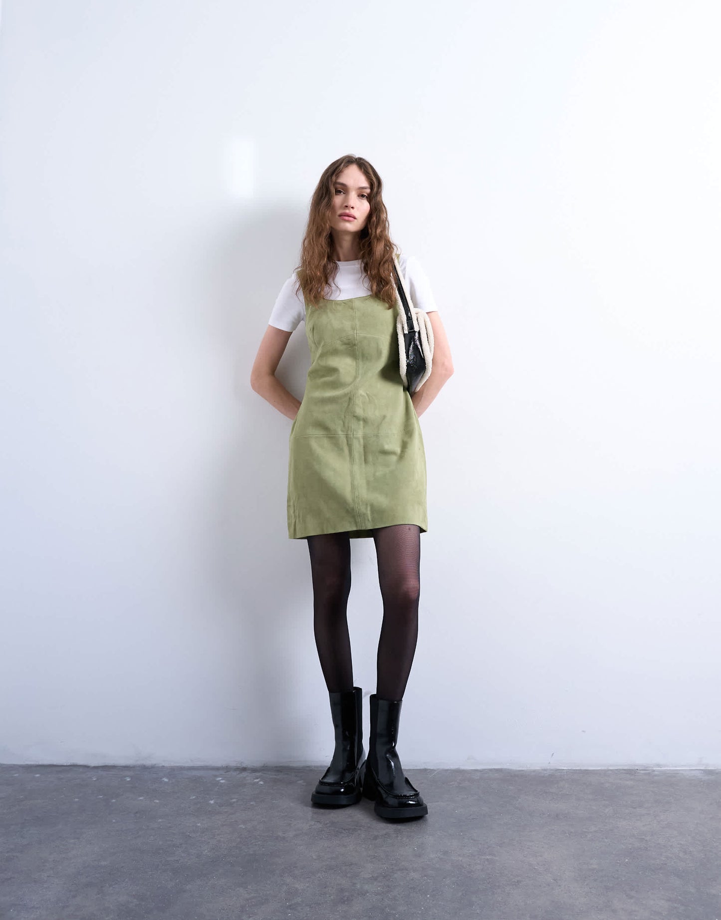 Topshop real suede seamed mini dress in pastel olive