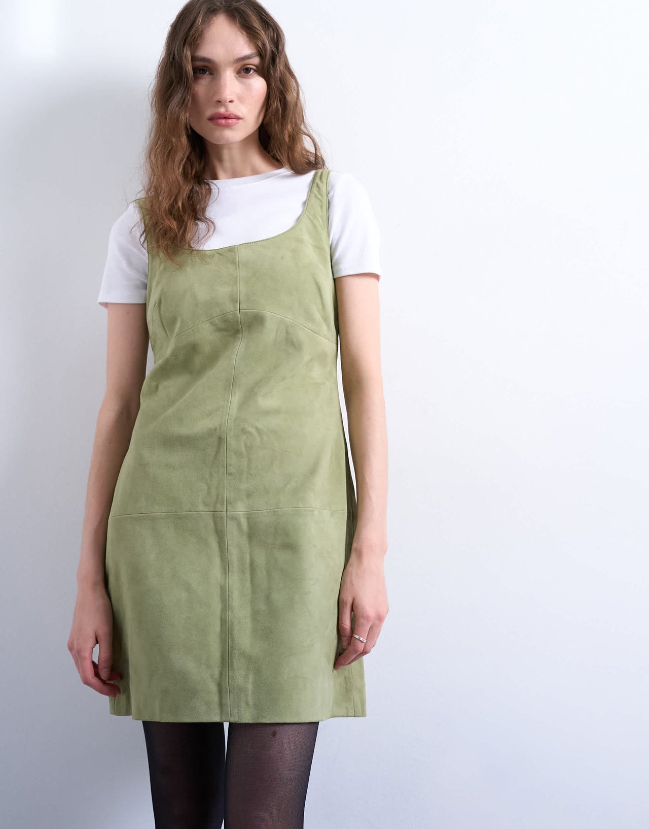 Topshop real suede seamed mini dress in pastel olive