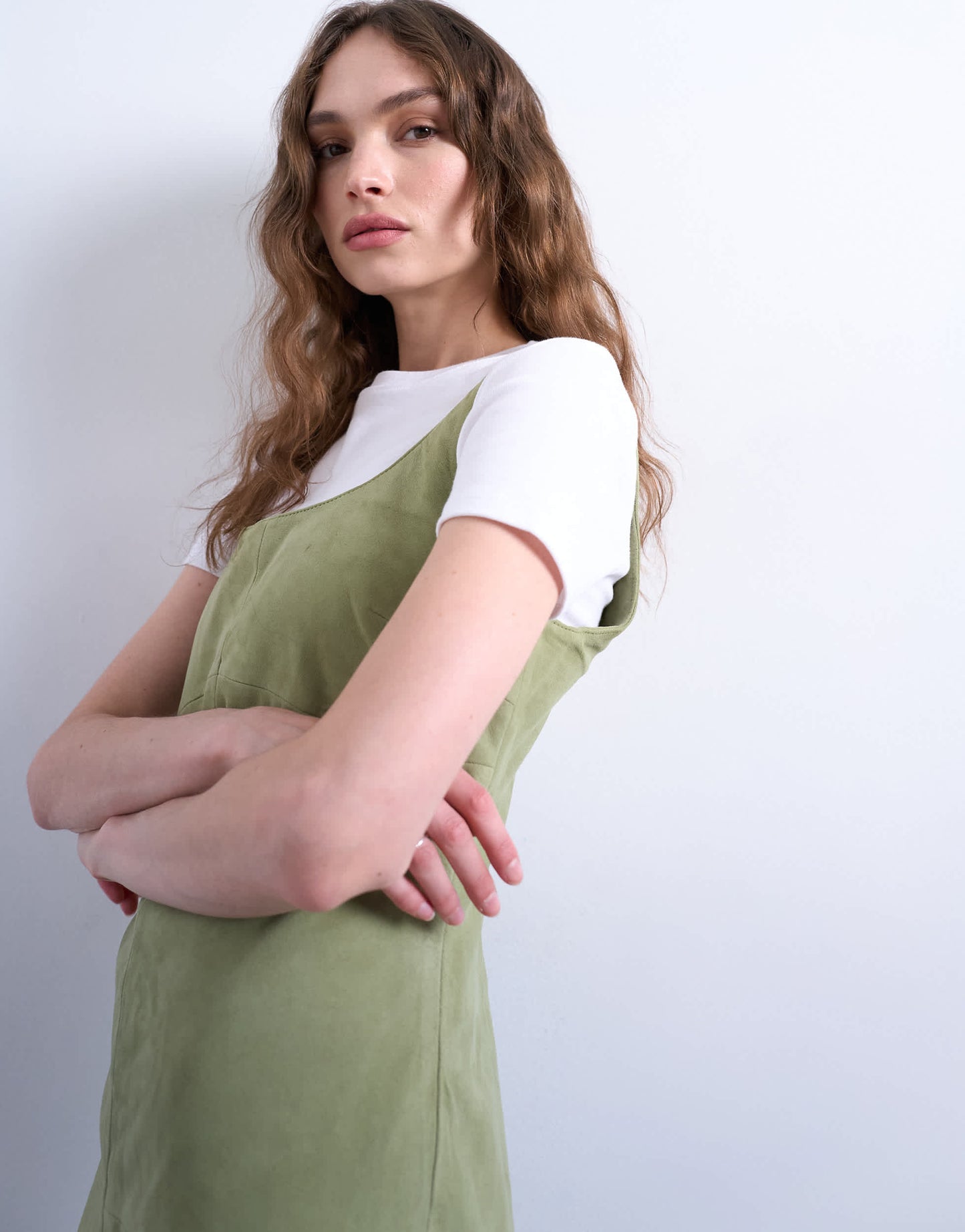Topshop real suede seamed mini dress in pastel olive