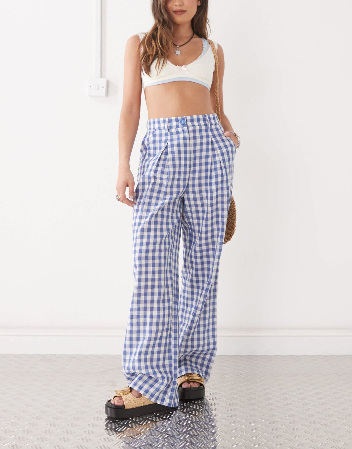 Reclaimed Vintage baggy tailored linen look trouser in blue check