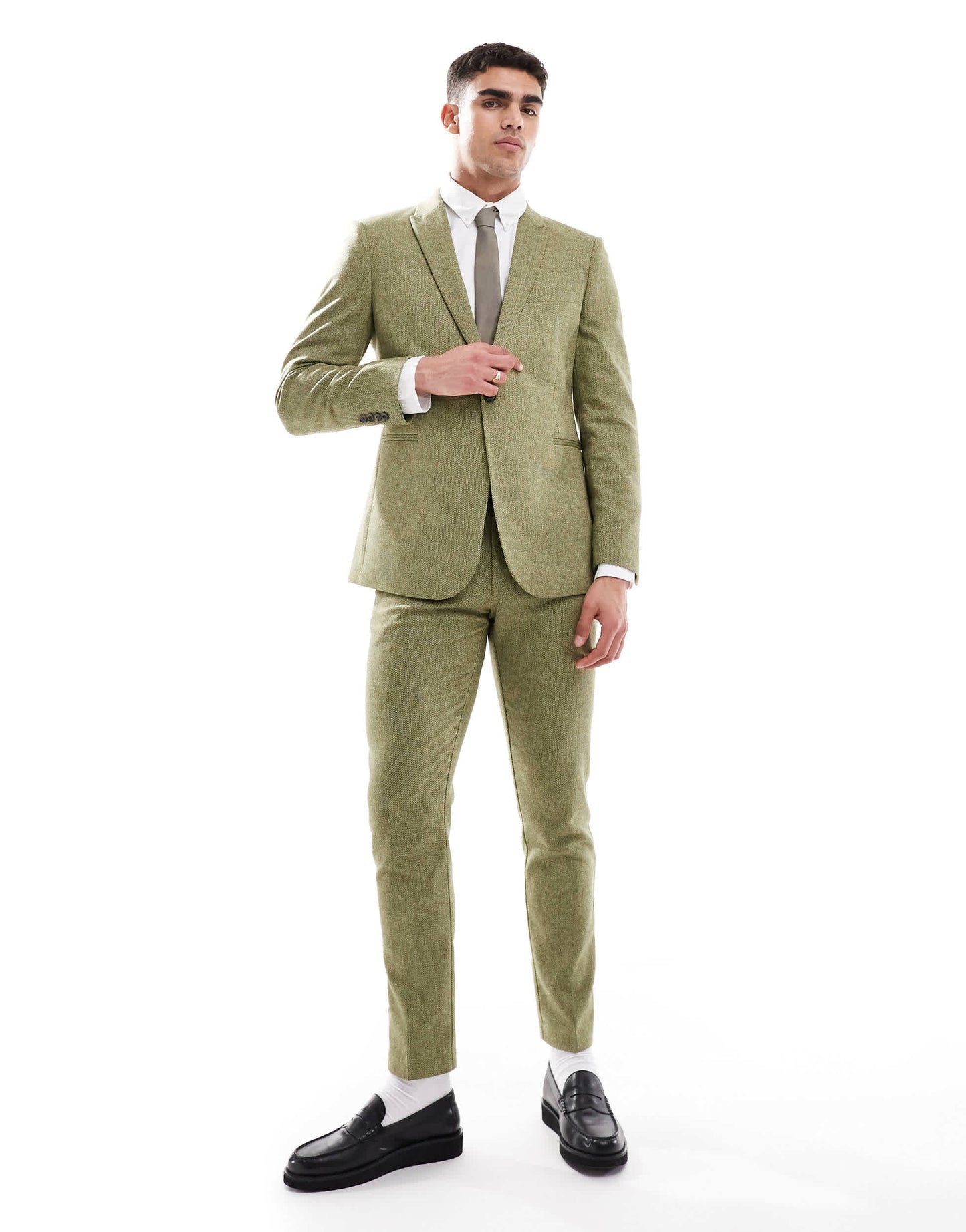 ASOS DESIGN skinny wool mix suit jacket in olive basketweave texture