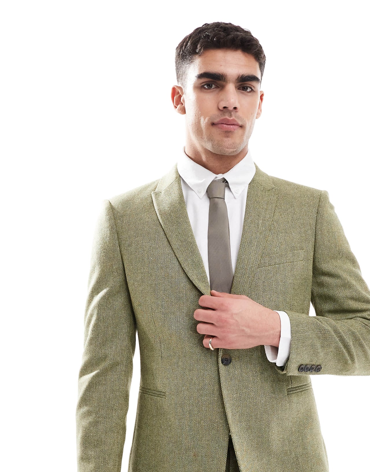 ASOS DESIGN skinny wool mix suit jacket in olive basketweave texture