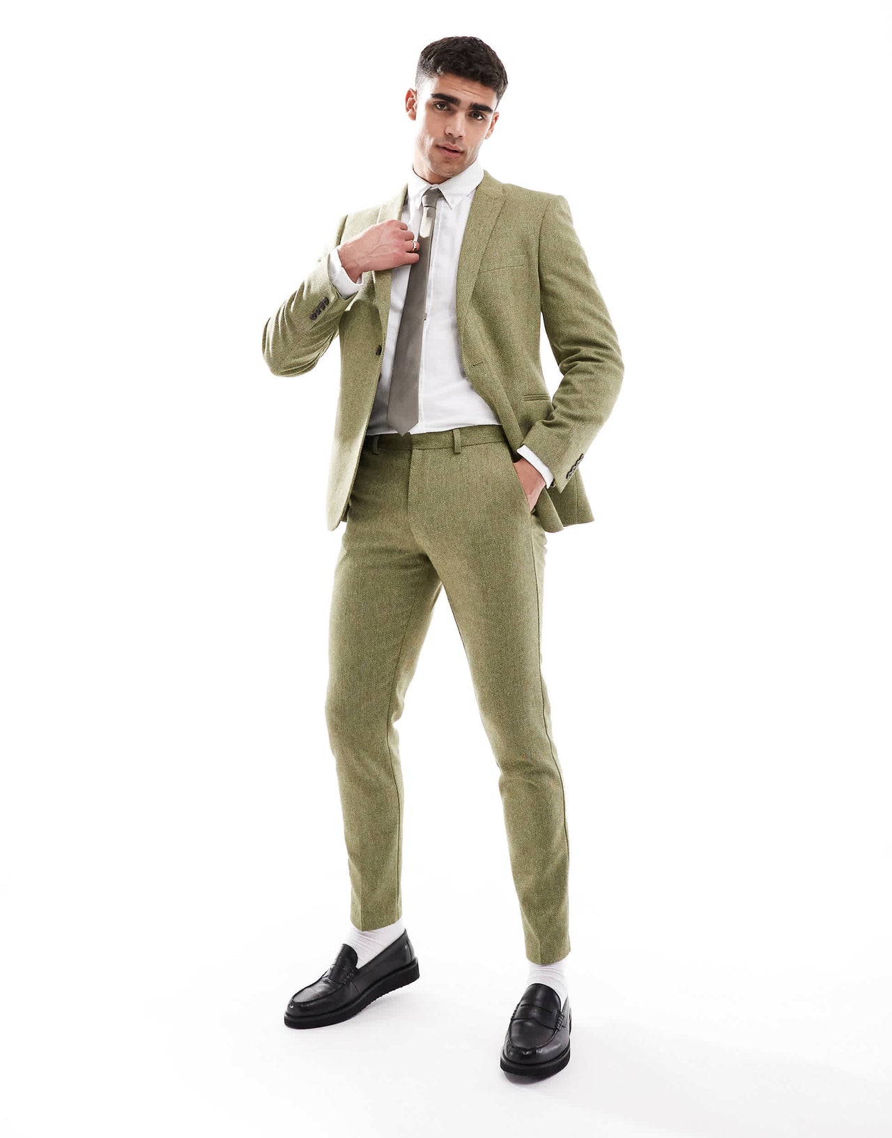 ASOS DESIGN skinny wool mix suit trouser in olive basketweave texture