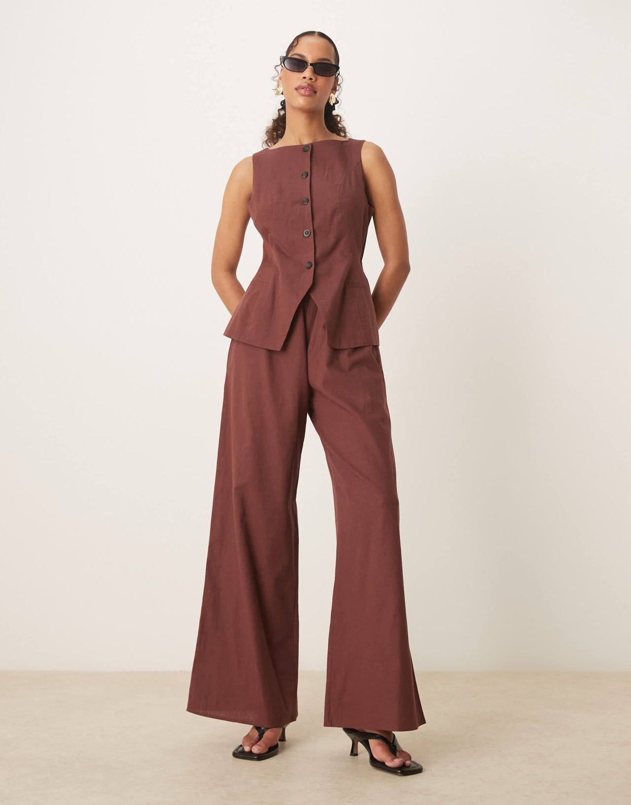 ASOS DESIGN button down waistcoat jumpsuit in chocolate