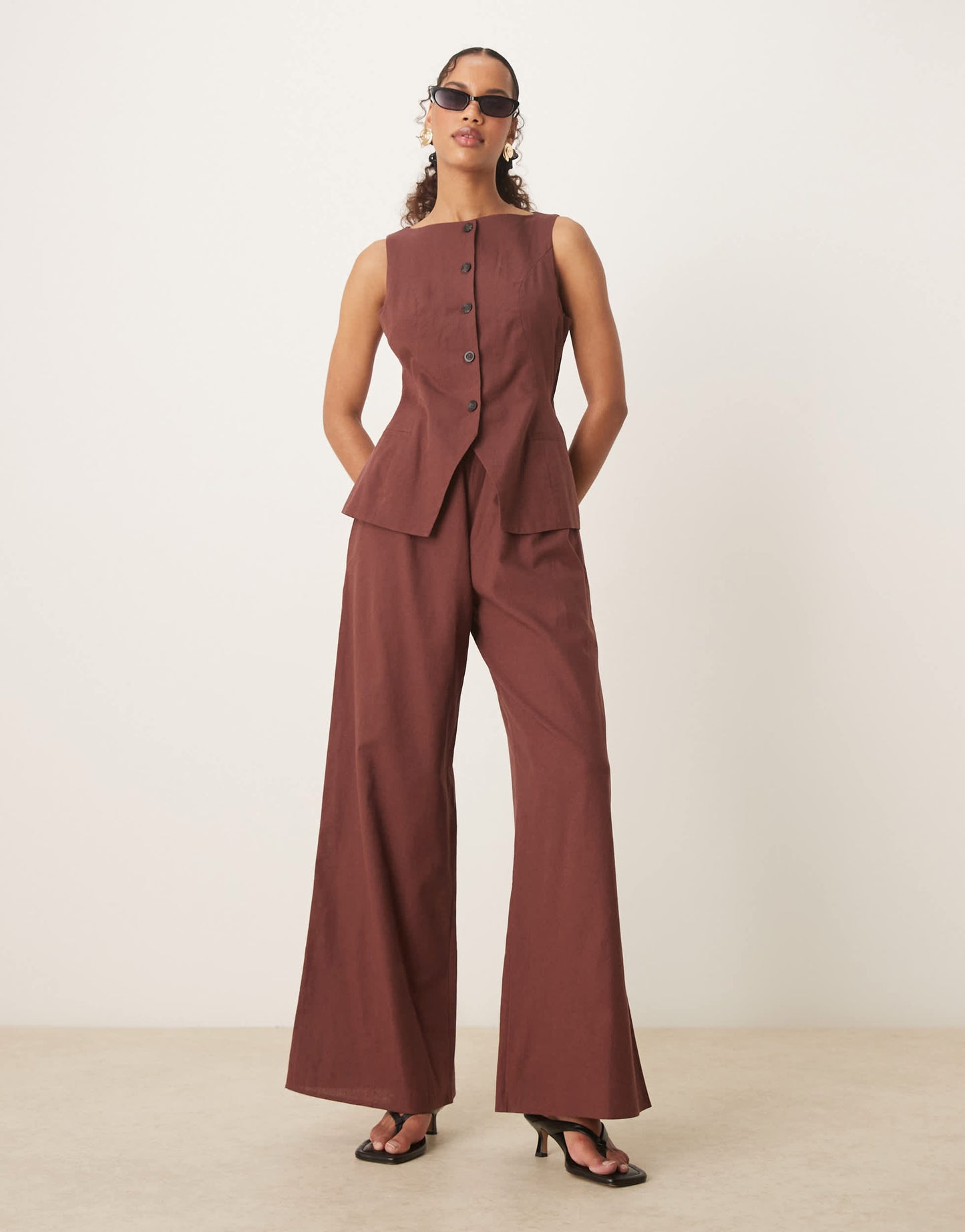 ASOS DESIGN button down waistcoat jumpsuit in chocolate