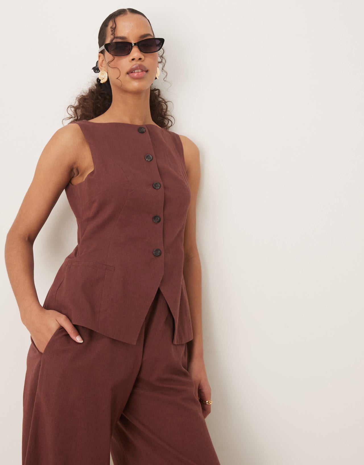 ASOS DESIGN button down waistcoat jumpsuit in chocolate