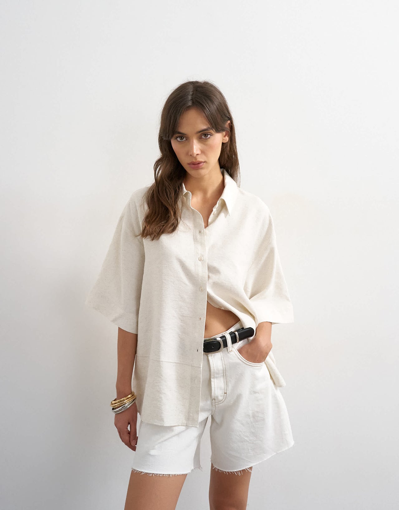 Topshop short sleeve linen shirt in natural
