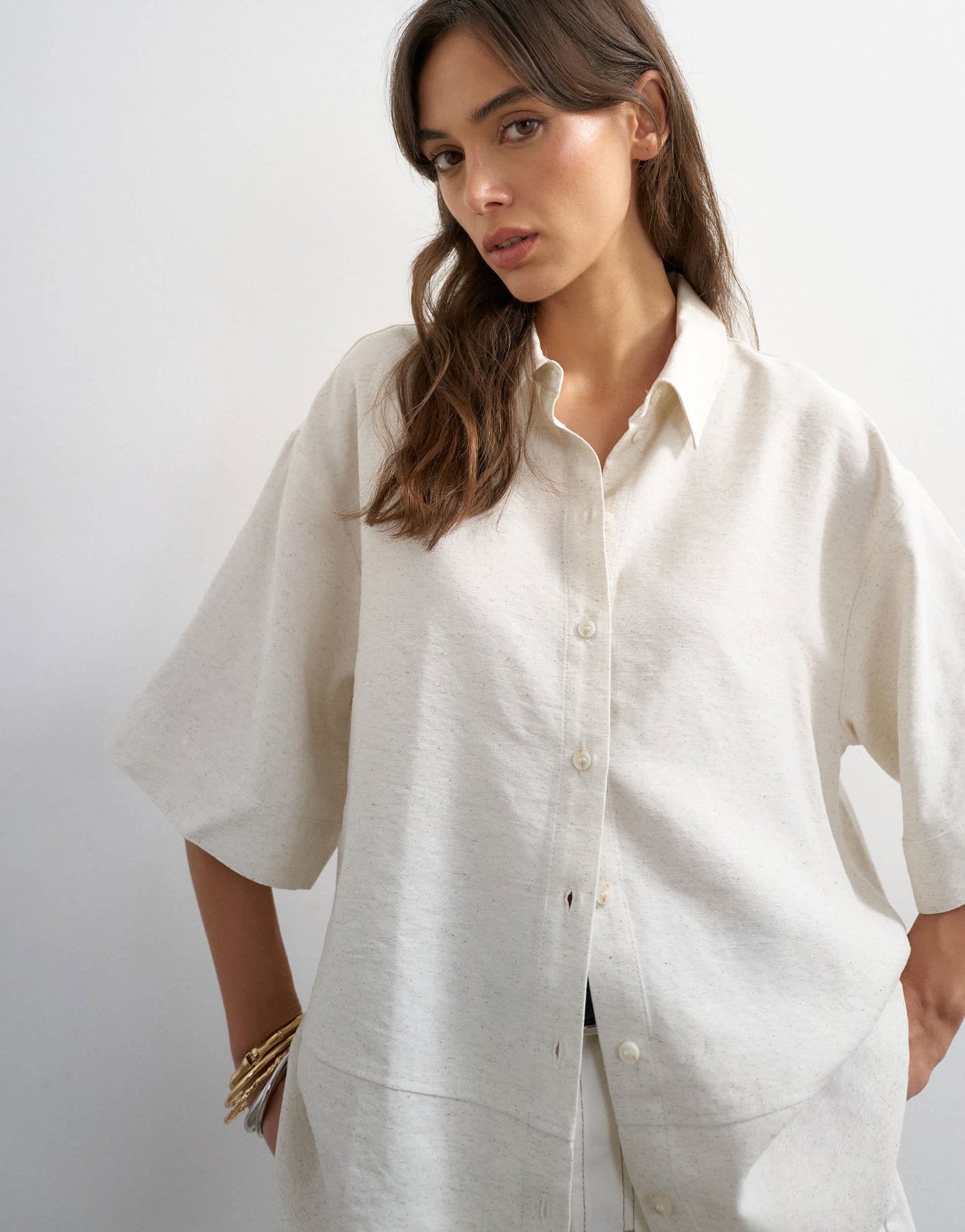 Topshop short sleeve linen shirt in natural