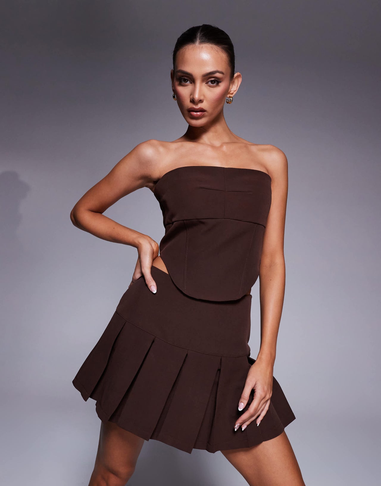 Wanderdoll Sylvie tailored  bandeau corset top co-ord in brown
