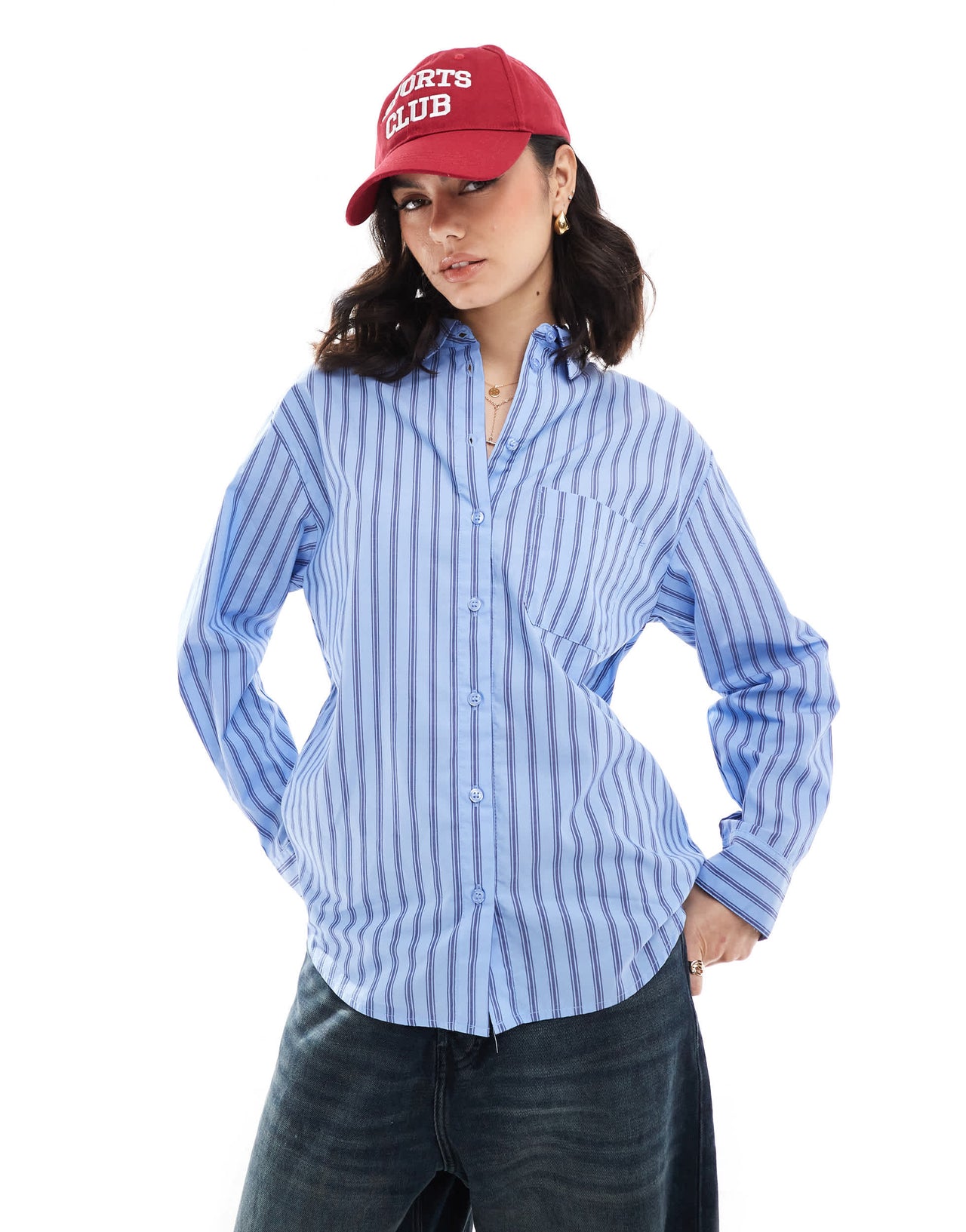 Bershka oversized shirt in blue pinstripe