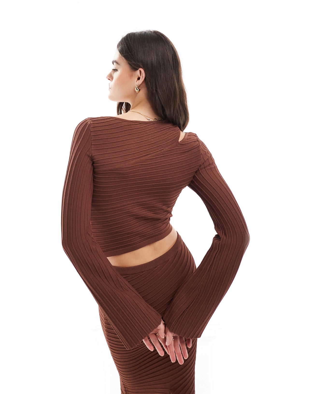 Bershka wide ribbed asymetric knitted top co-ord in brown