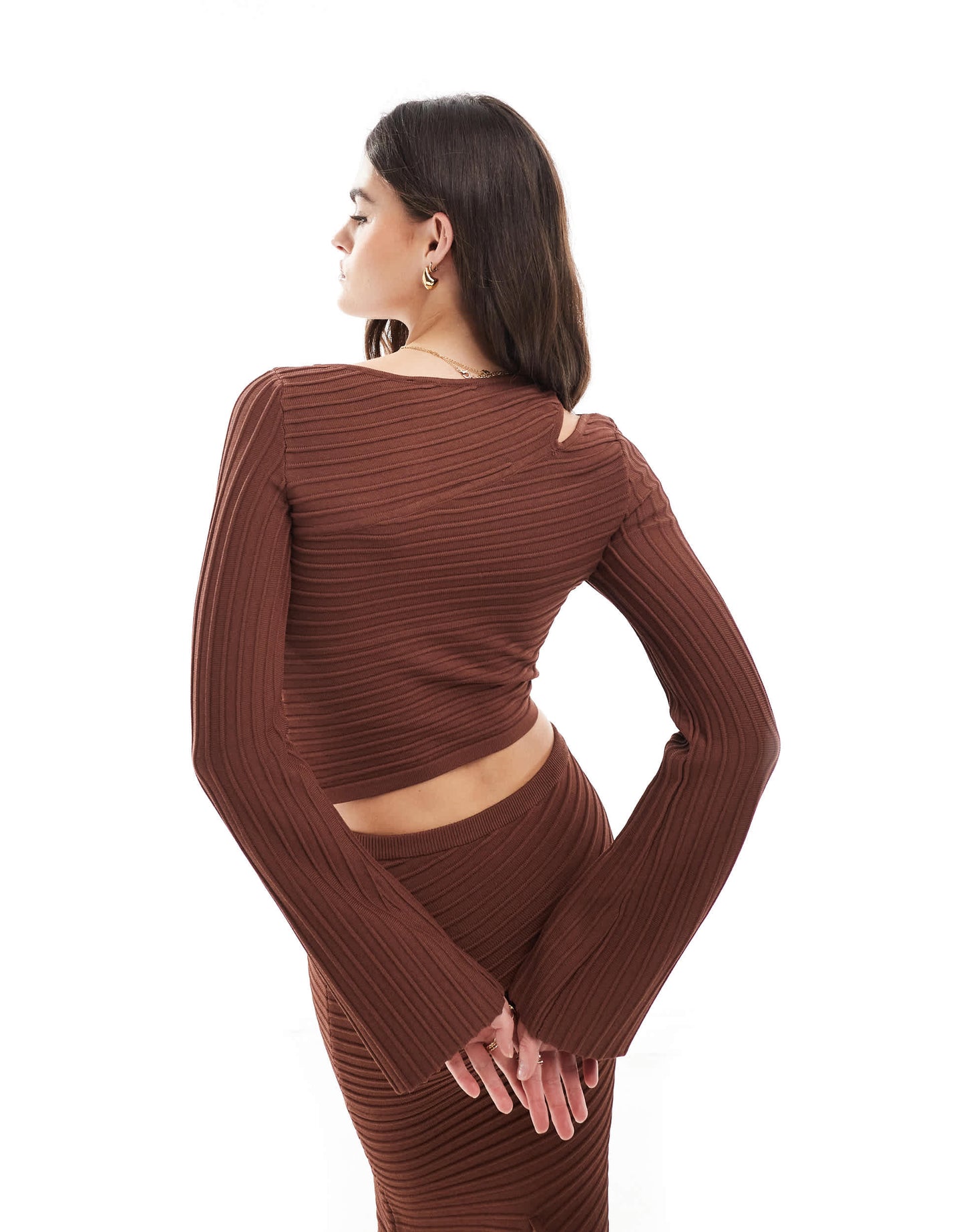 Bershka wide ribbed asymetric knitted top co-ord in brown