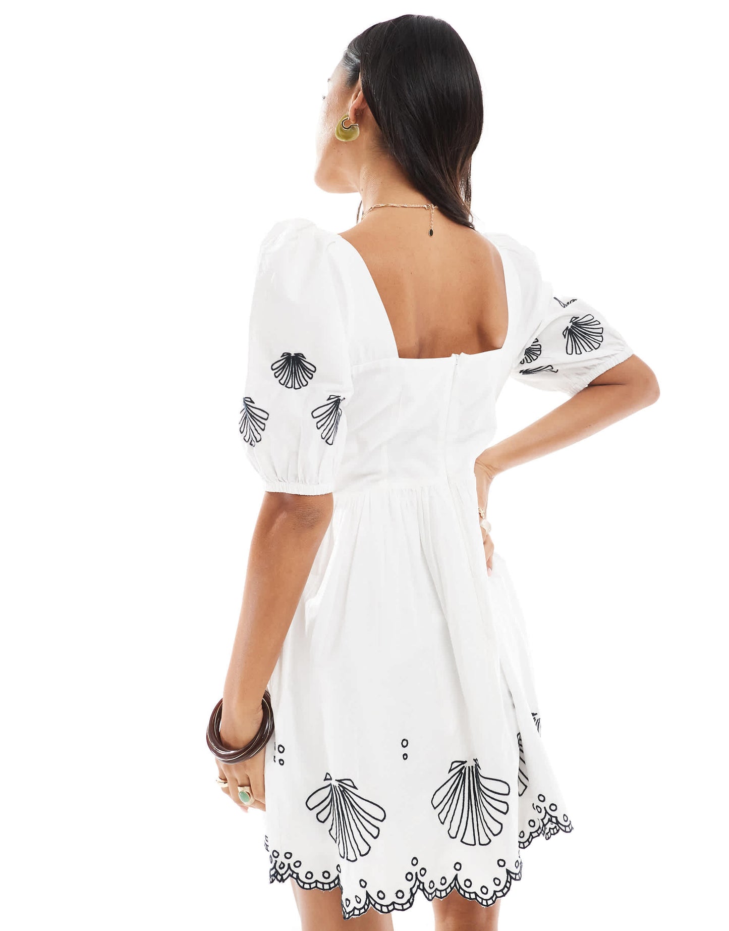 French Connection Cambra embroidered cotton anglaise mini dress in white and navy