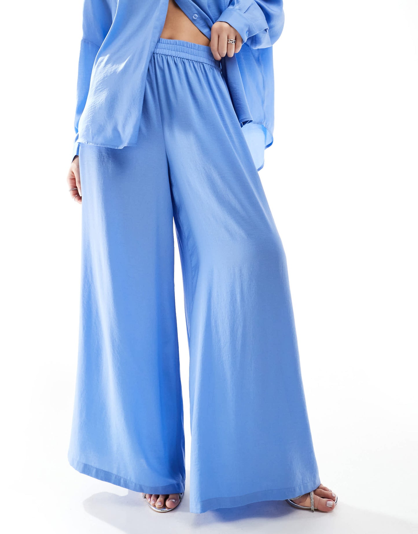French Connection satin wide leg trouser co-ord in cornflower blue