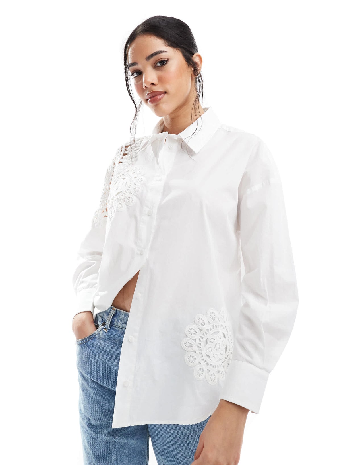 French Connection Lina cotton crochet mix shirt in white