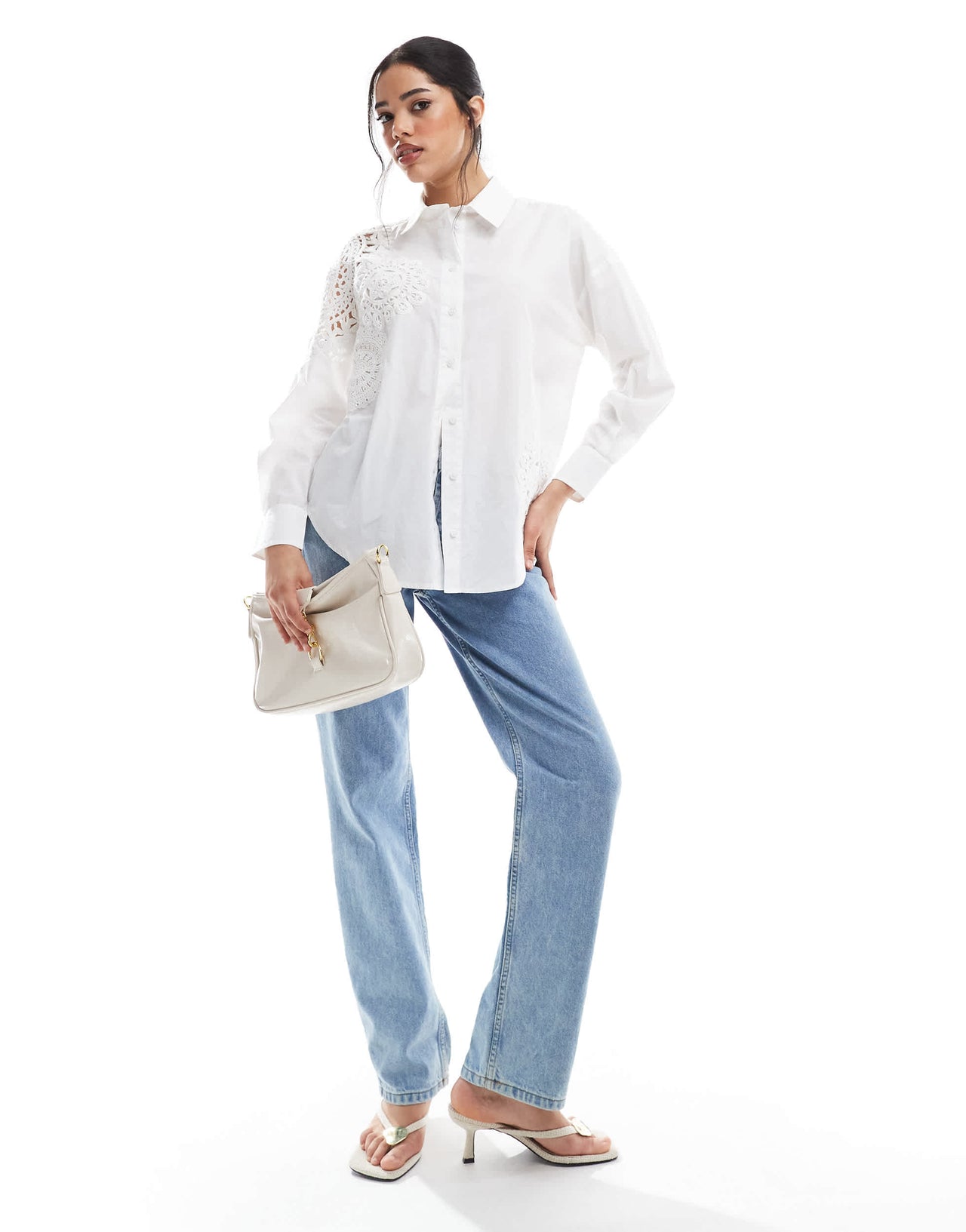 French Connection Lina cotton crochet mix shirt in white