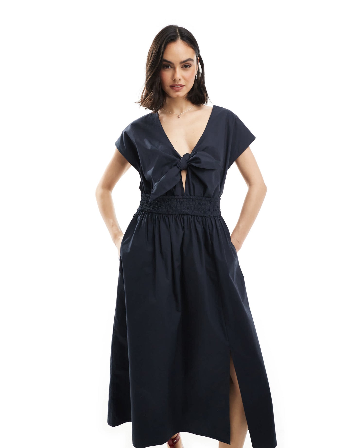 French Connection Barletta cotton poplin tie midi dress in navy