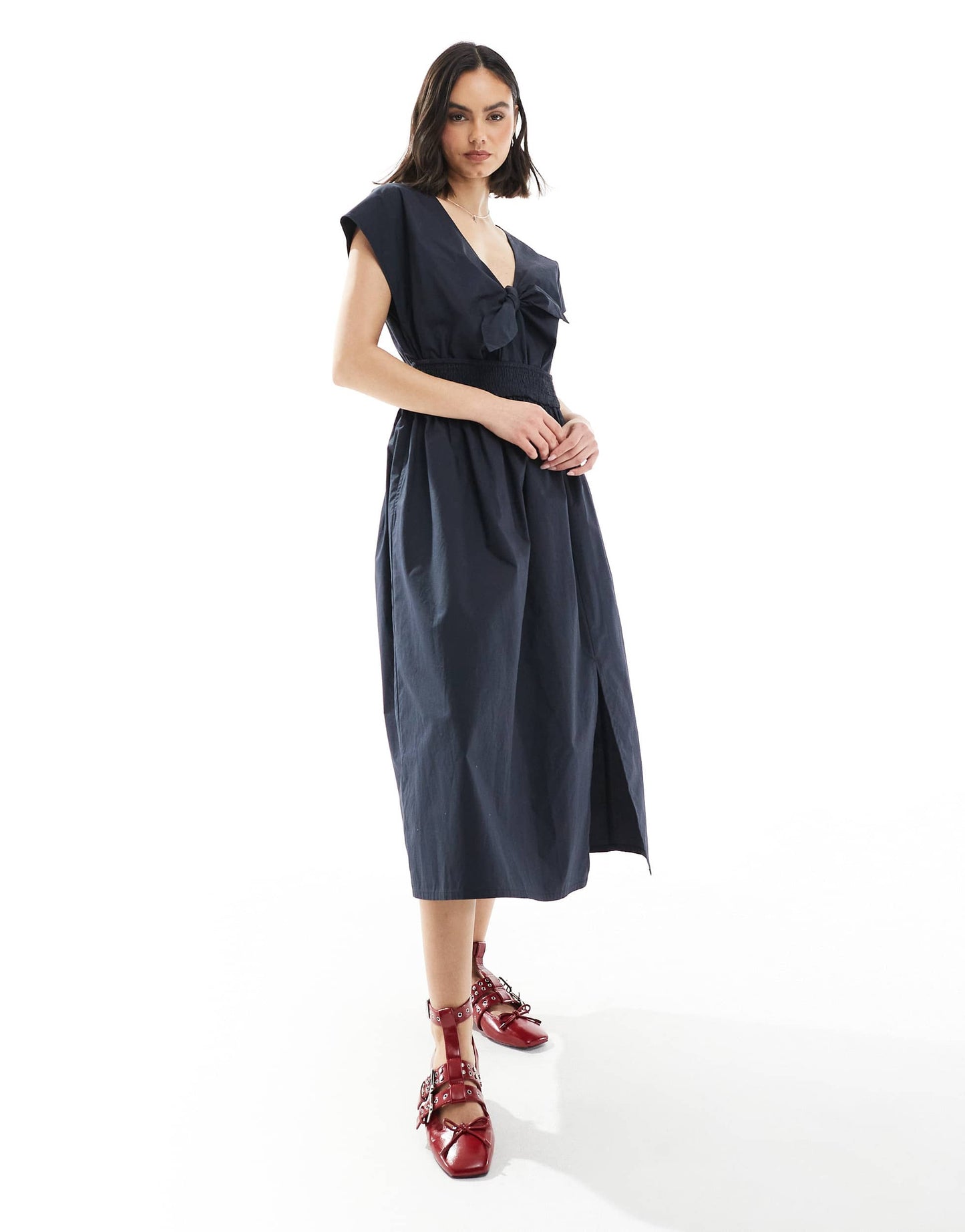French Connection Barletta cotton poplin tie midi dress in navy