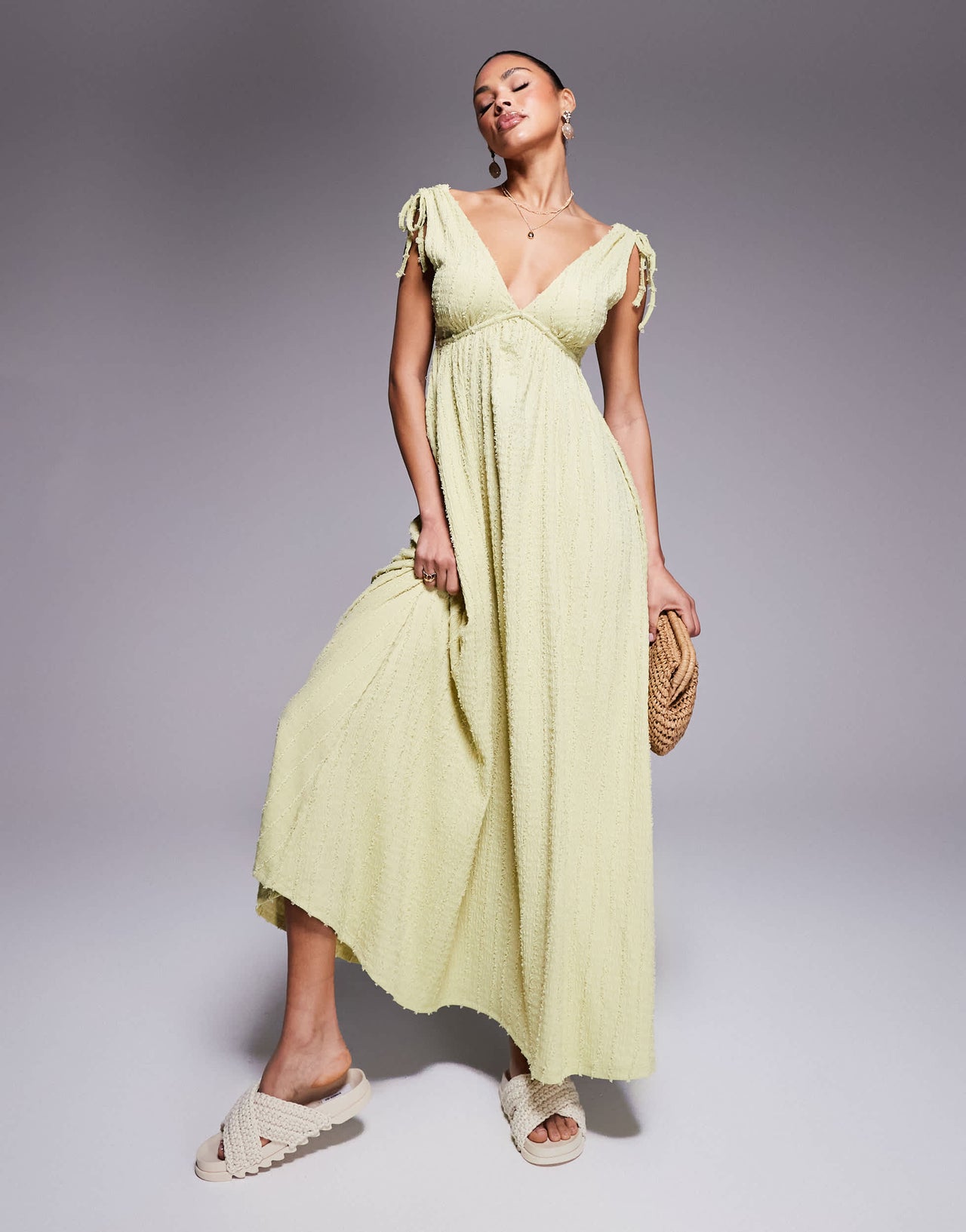 ASOS DESIGN textured deep V trapeze midi dress in sage