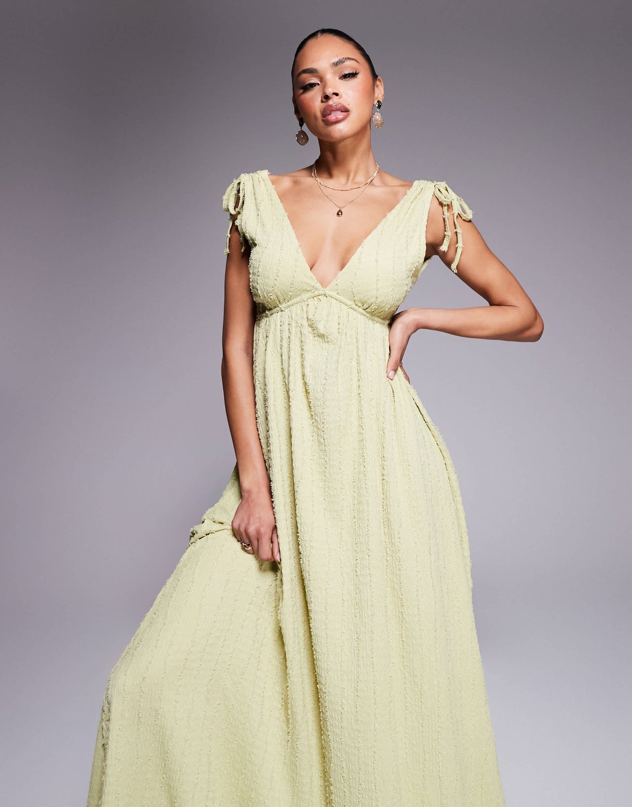 ASOS DESIGN textured deep V trapeze midi dress in sage
