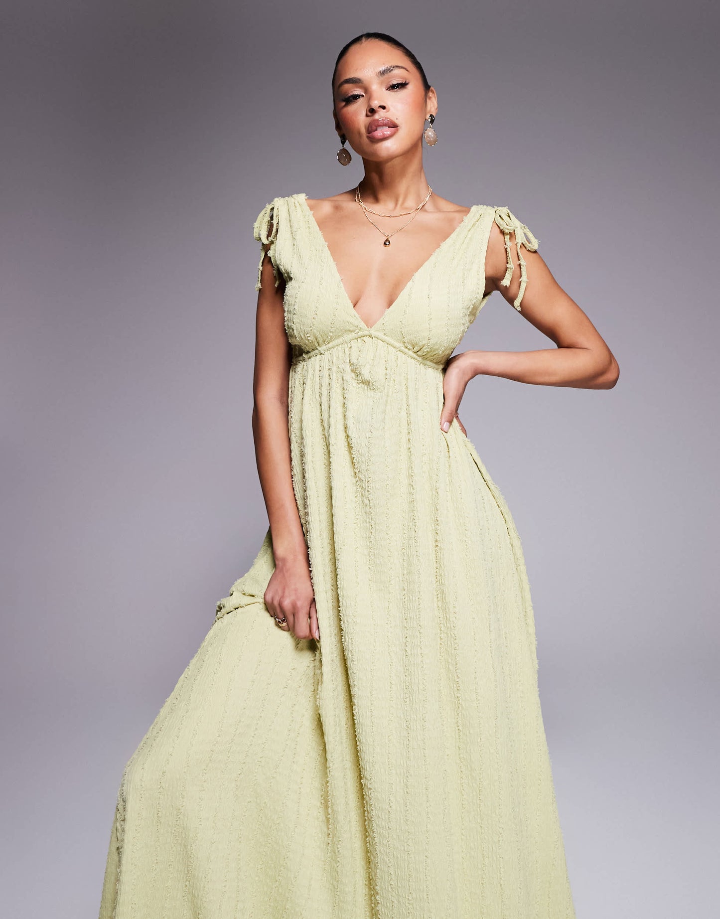ASOS DESIGN textured deep V trapeze midi dress in sage