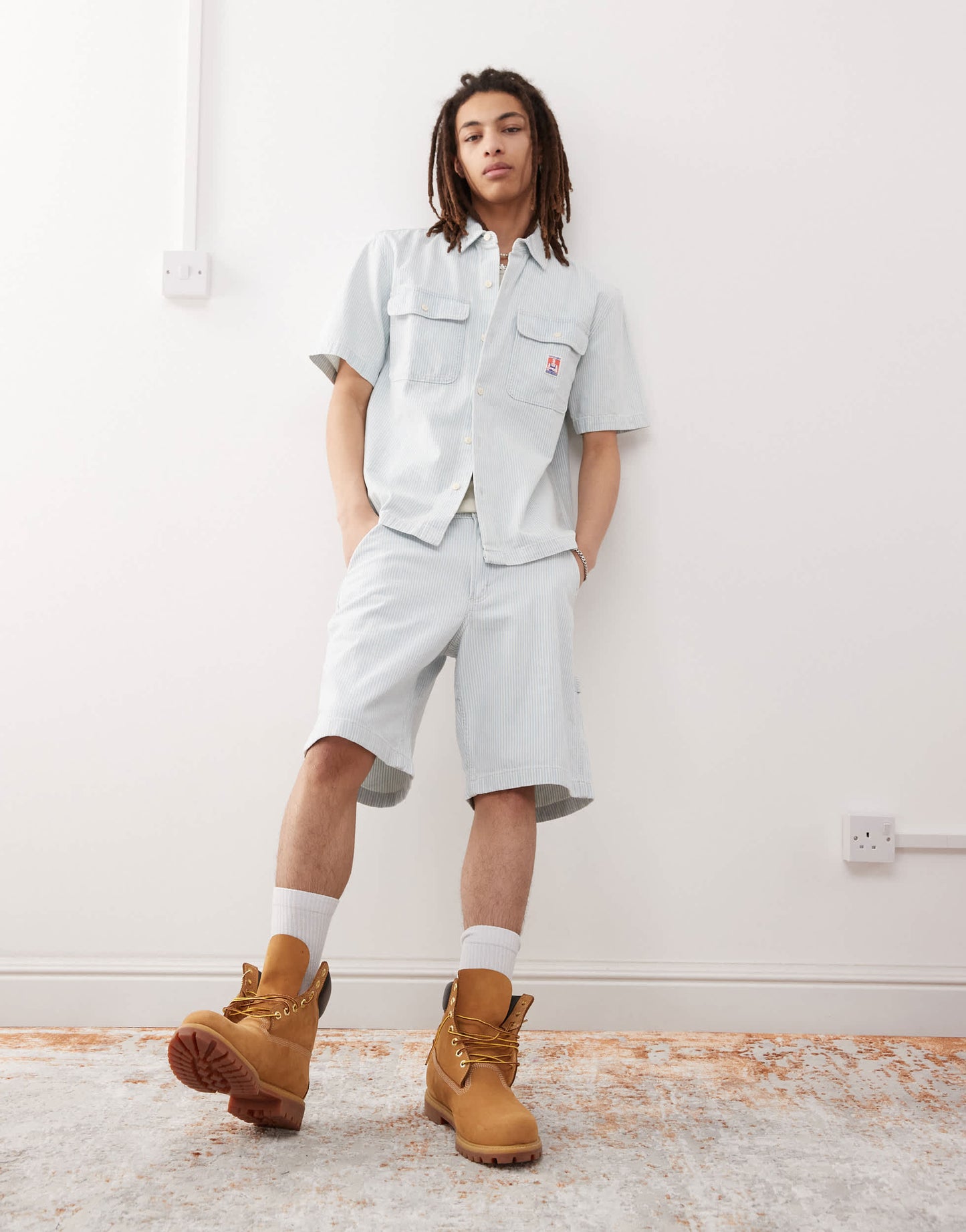Wrangler Casey Jones workwear carpenter railroad stripe denim shorts in light wash CO-ORD