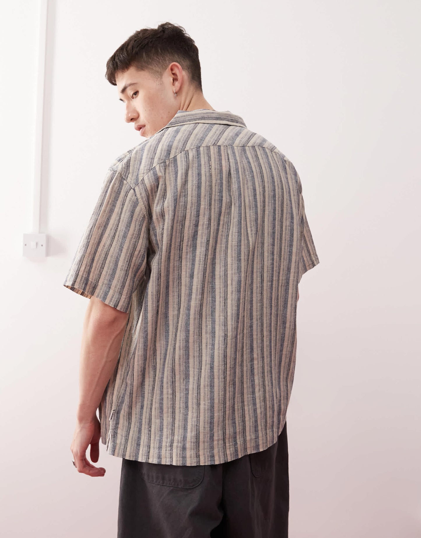 Wrangler resort stripe linen cotton mix relaxed dobby shirt in indigo blue