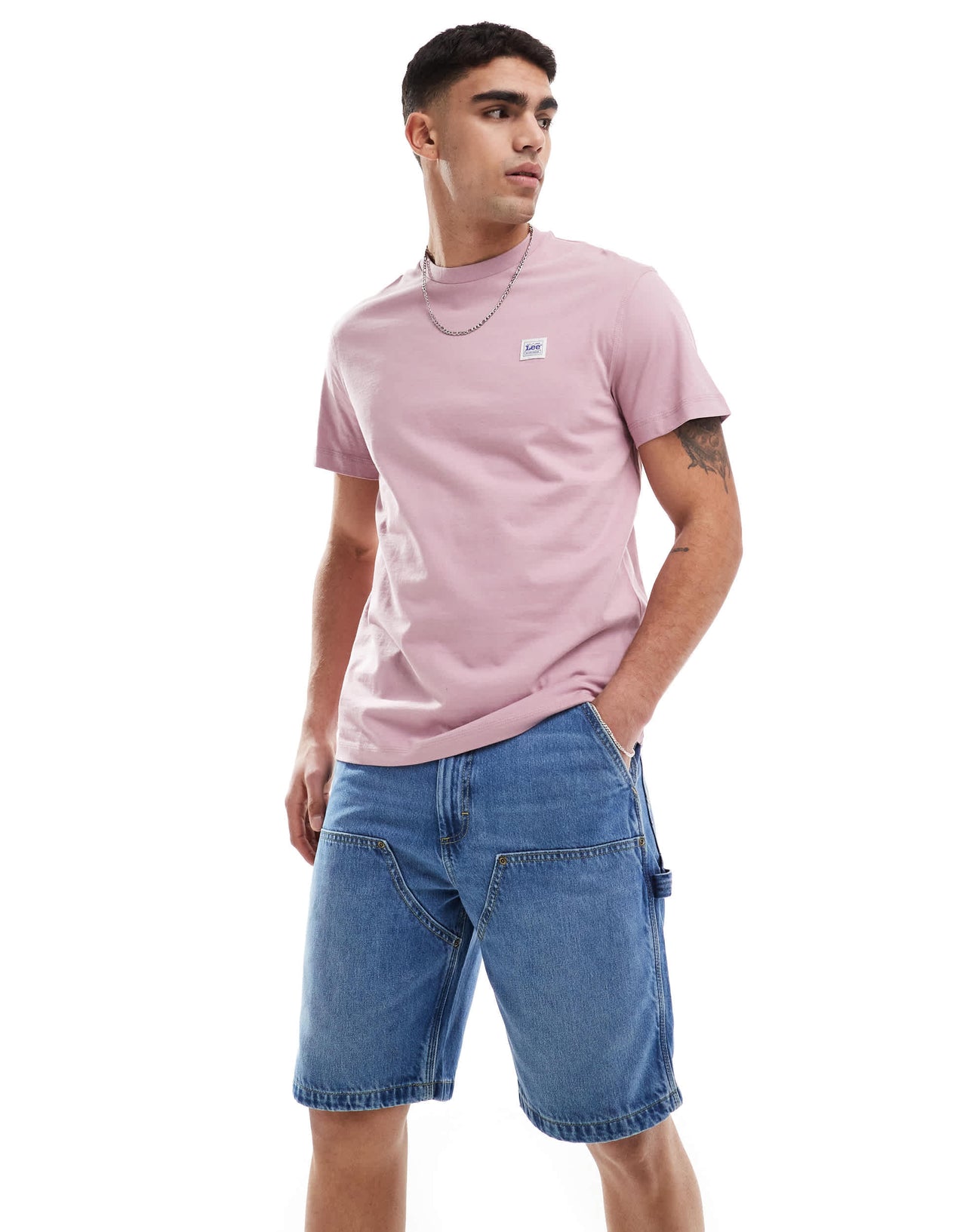 Lee relaxed fit double knee carpenter shorts in mid blue wash