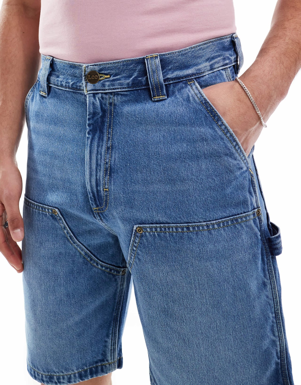 Lee relaxed fit double knee carpenter shorts in mid blue wash