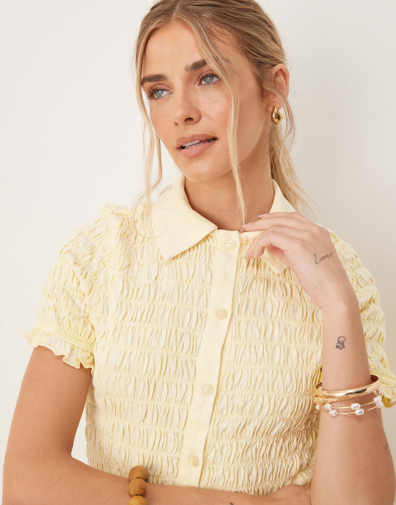 ASOS DESIGN shirred detail micro shirt co-ord in washed cream