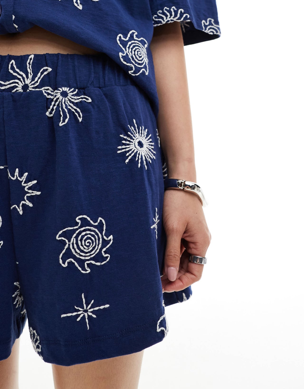 ASOS DESIGN boxer short co-ord with solstice embroidery in navy