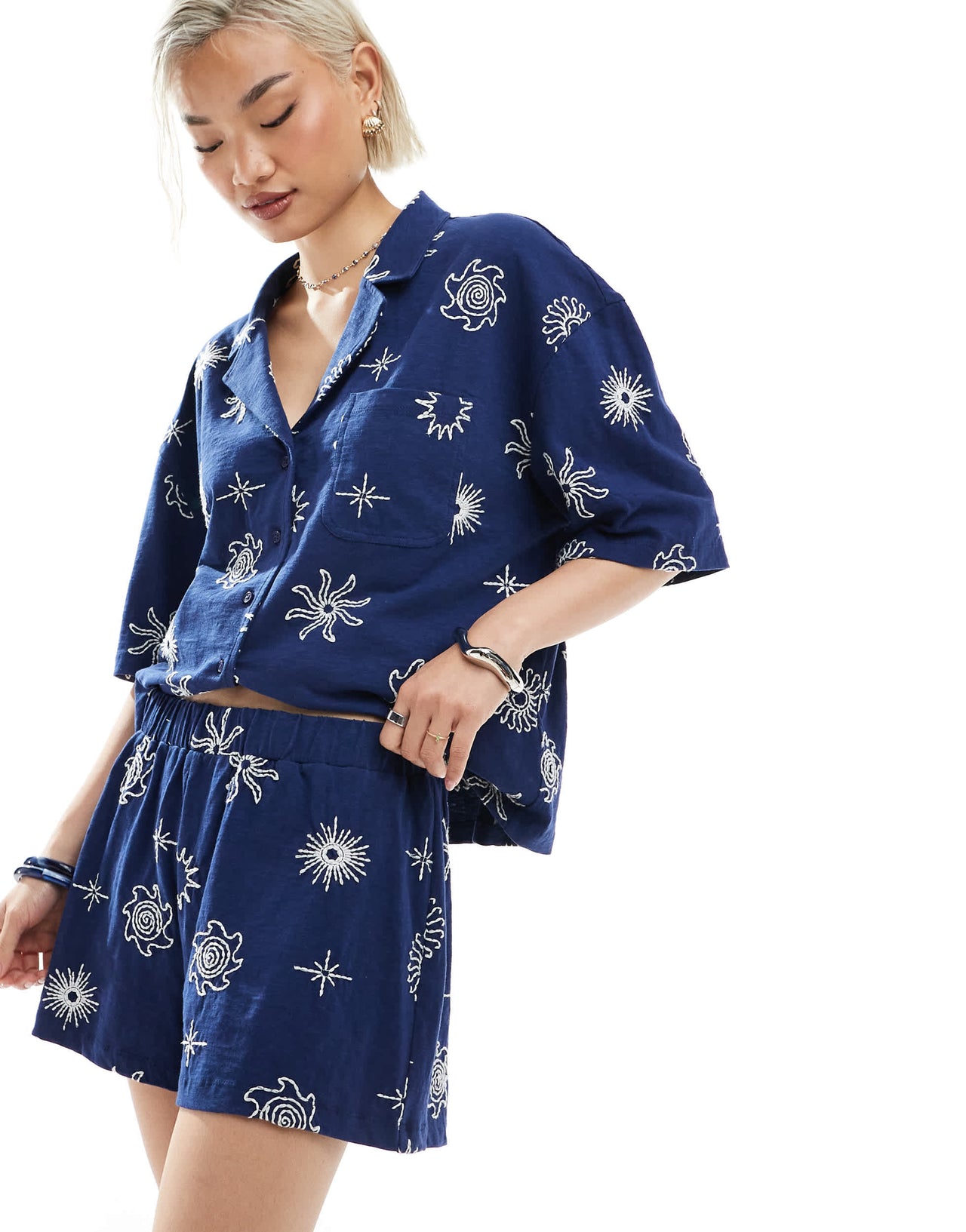 ASOS DESIGN boxer short co-ord with solstice embroidery in navy