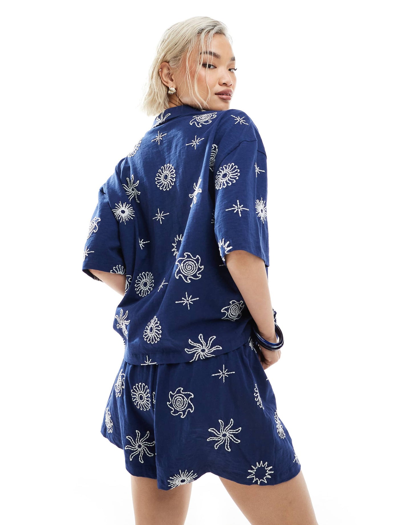ASOS DESIGN boxer short co-ord with solstice embroidery in navy