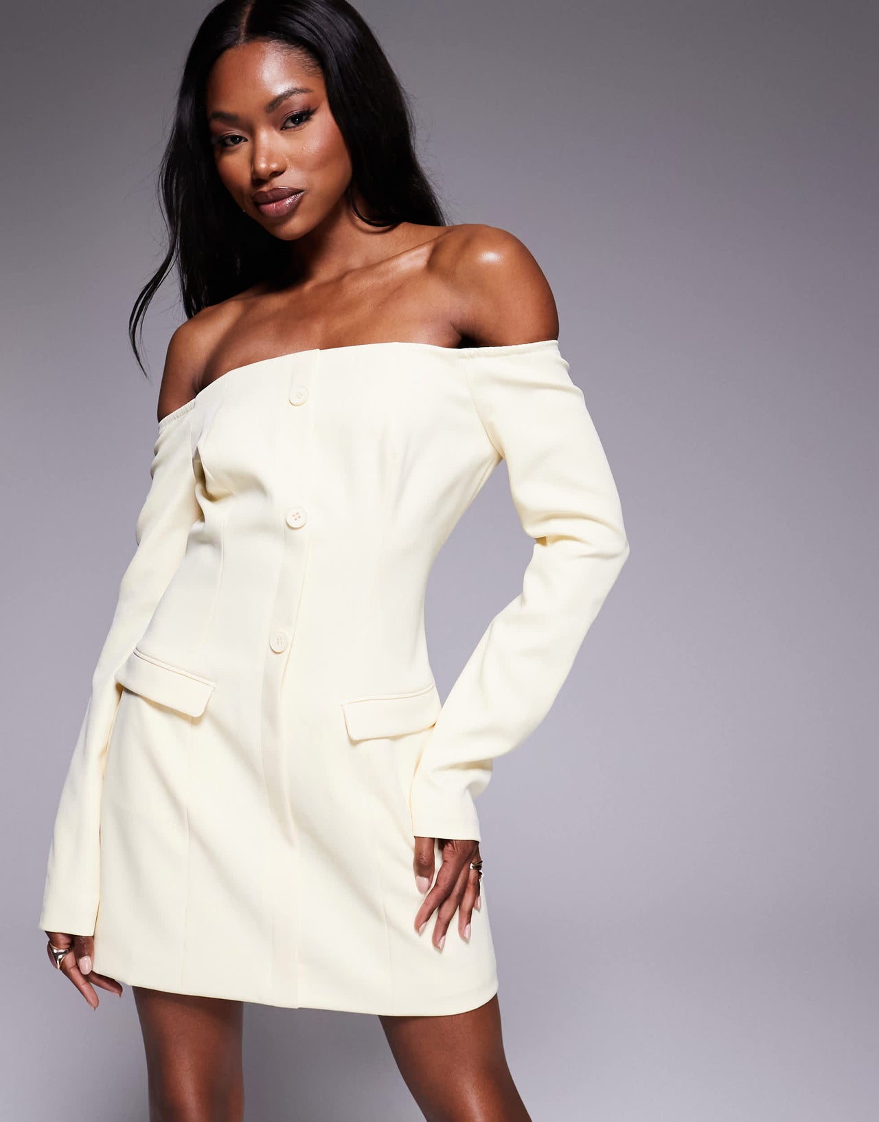 Kaiia exclusive bardot tailored button front pocket detail mini dress in lemon