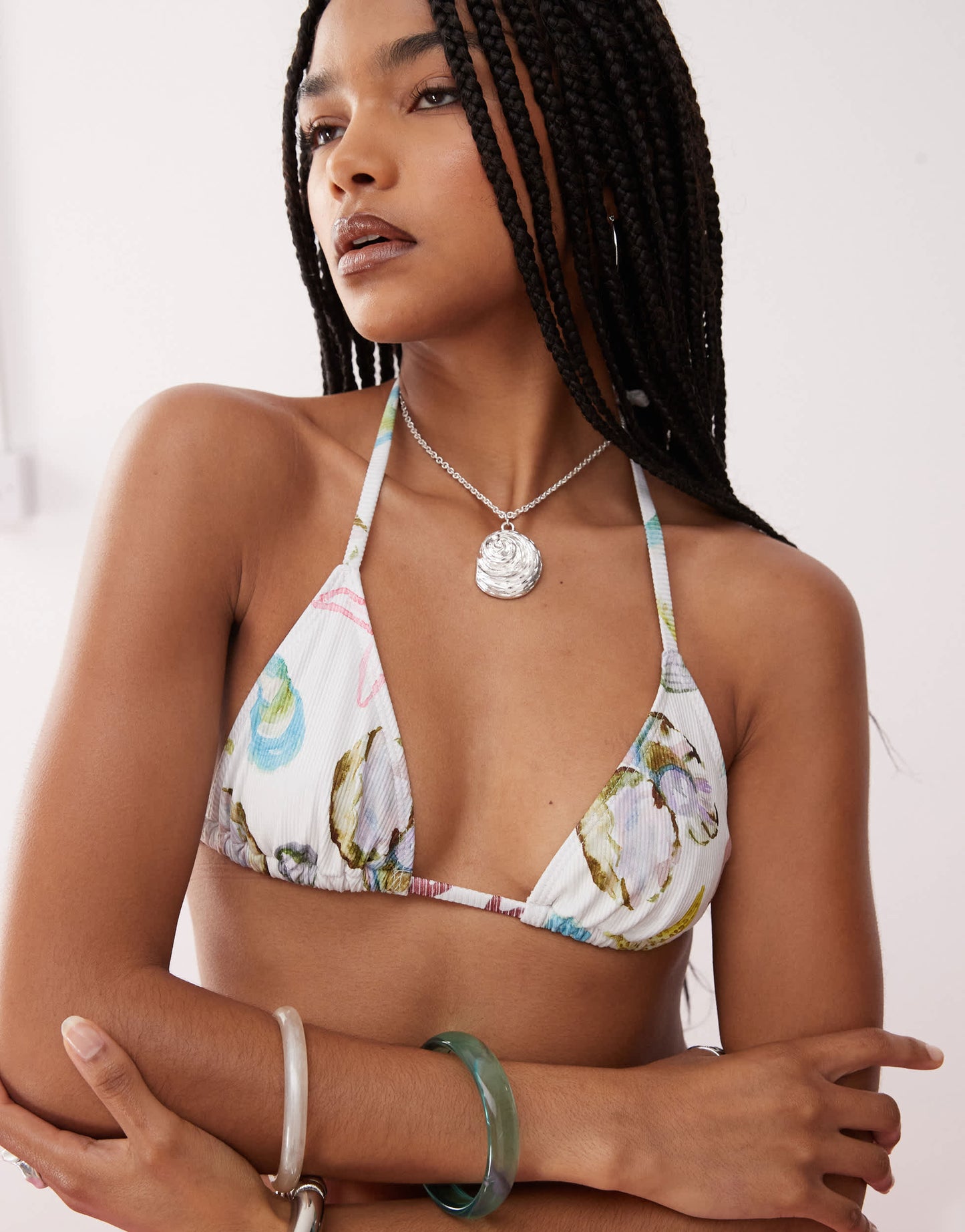 Reclaimed Vintage triangle ribbed bikini top with shell print in white