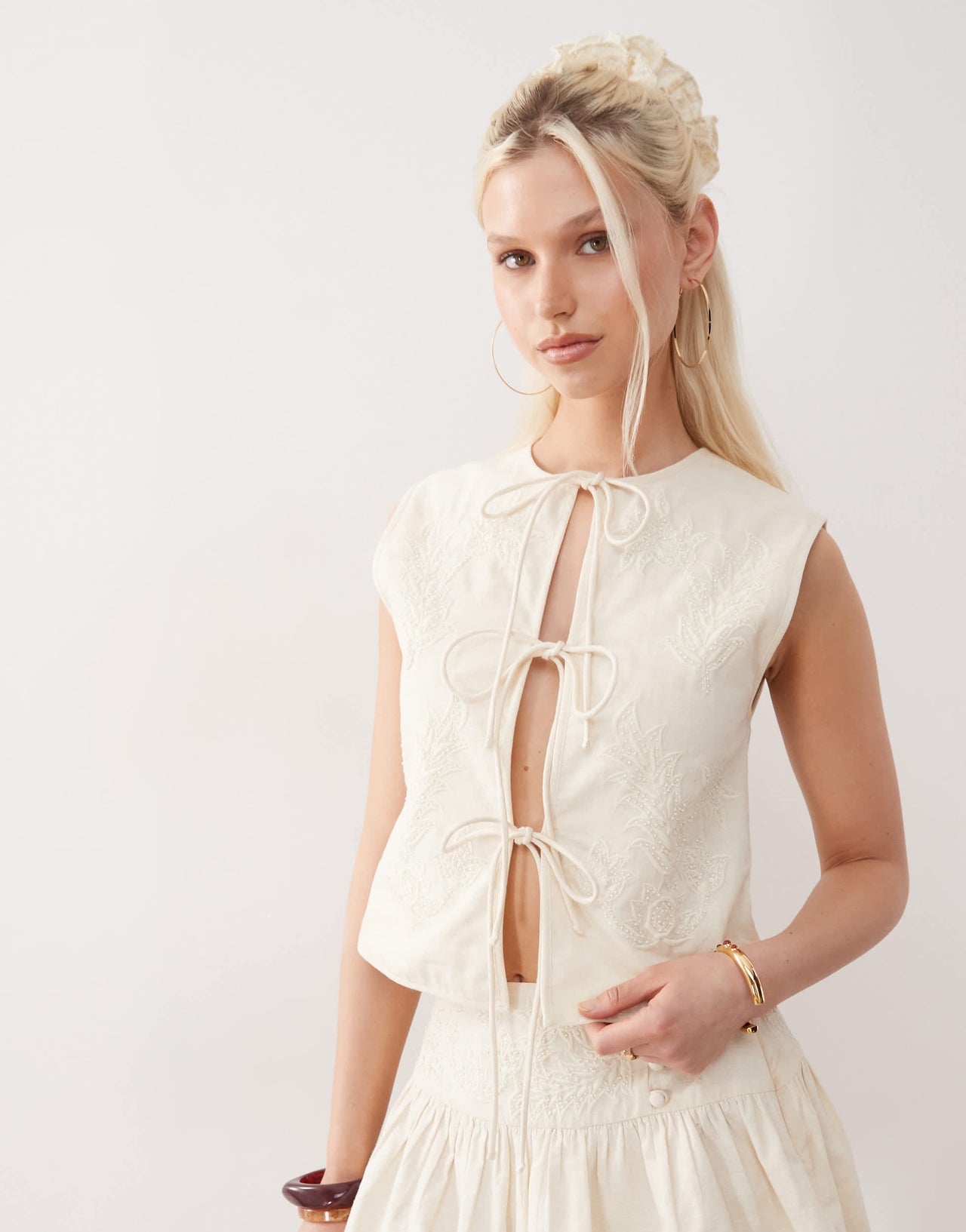 Reclaimed Vintage Limited Edition tie front top with pearl embroidery co-ord