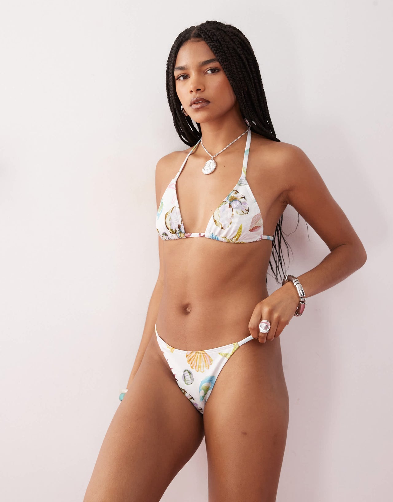 Reclaimed Vintage skinny strap ribbed bikini bottom with shell print in white