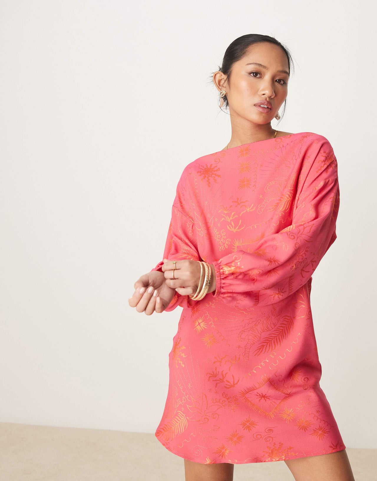 Never Fully Dressed Petite Tilly off shoulder plisse mini dress in red and pink