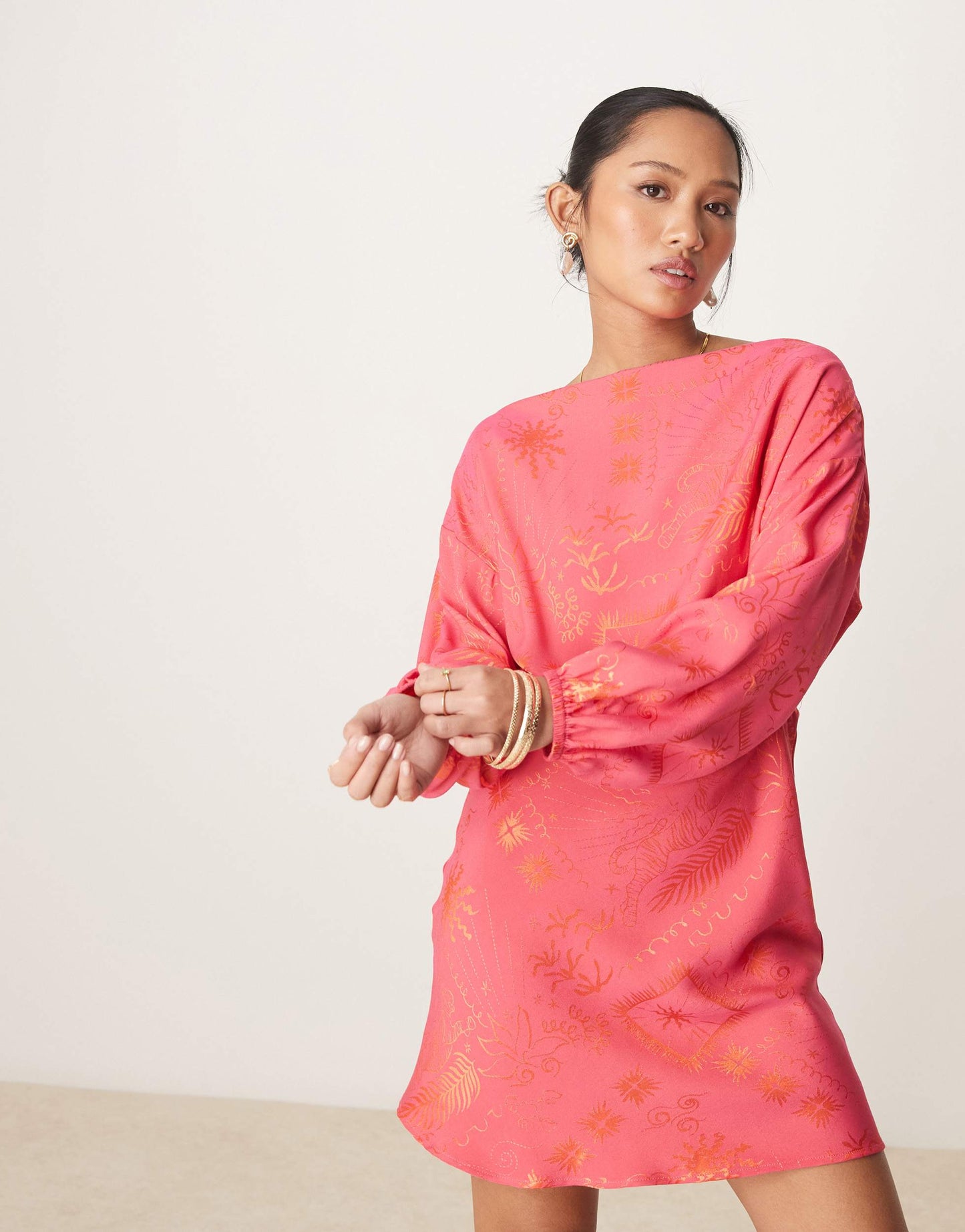 Never Fully Dressed Petite Tilly off shoulder plisse mini dress in red and pink
